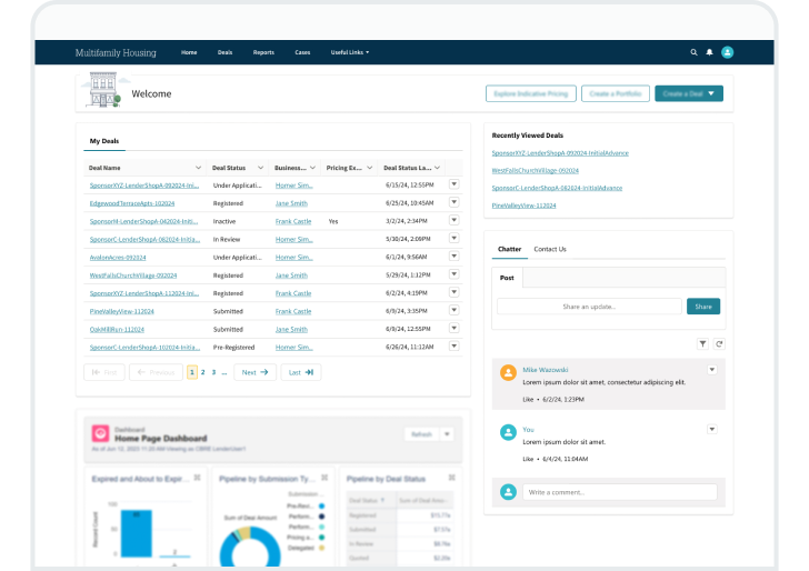 Customer dashboard screen from Multifamily Housing's acquisition system